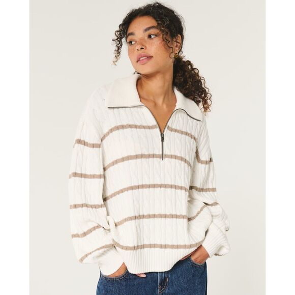 Hollister Cable Knit Striped Half Quarter Zip Oversized Collared Sweater Tan M - Picture 1 of 10